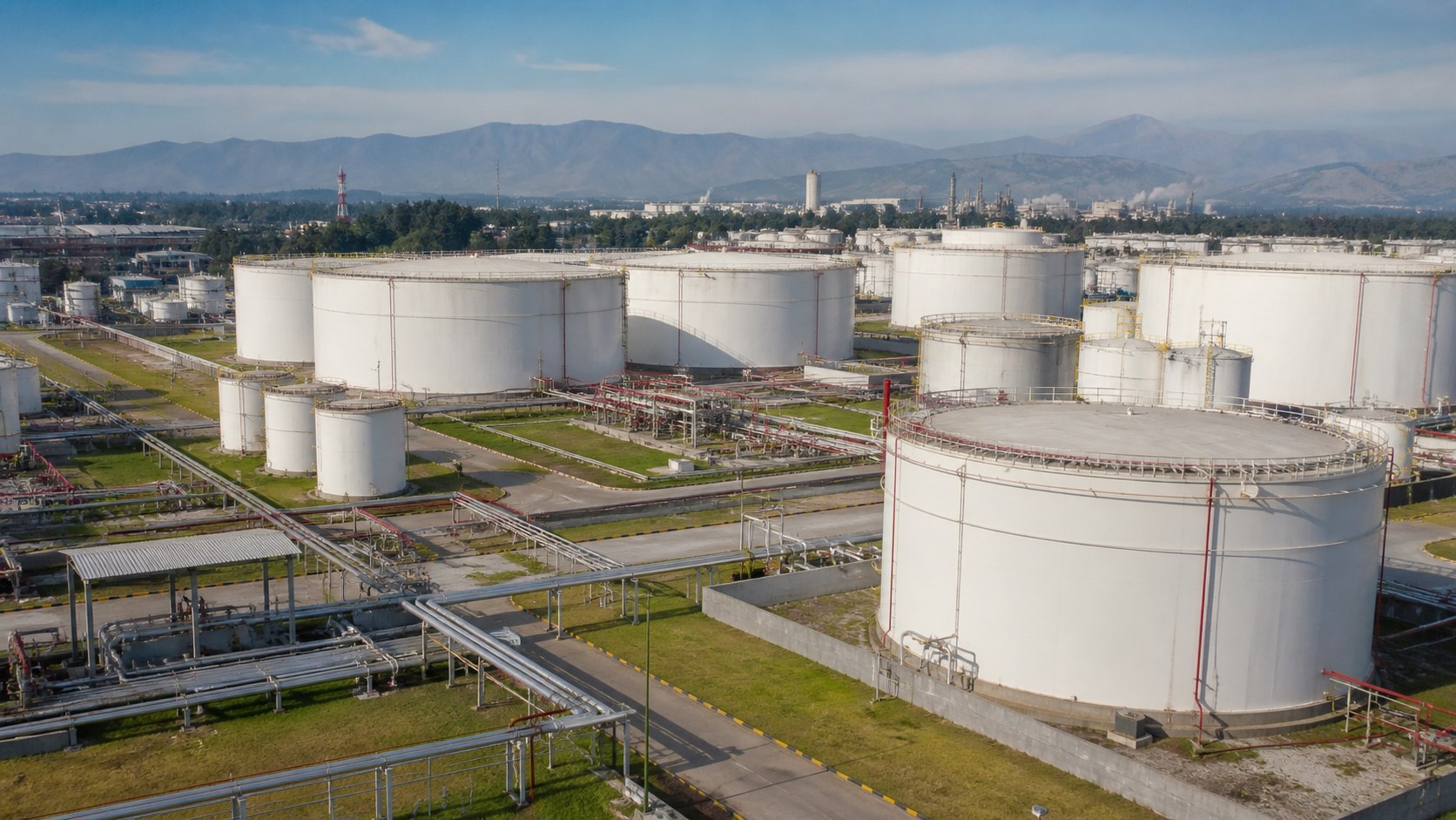 Elevated view across an organised multi-product petroleum tank farm