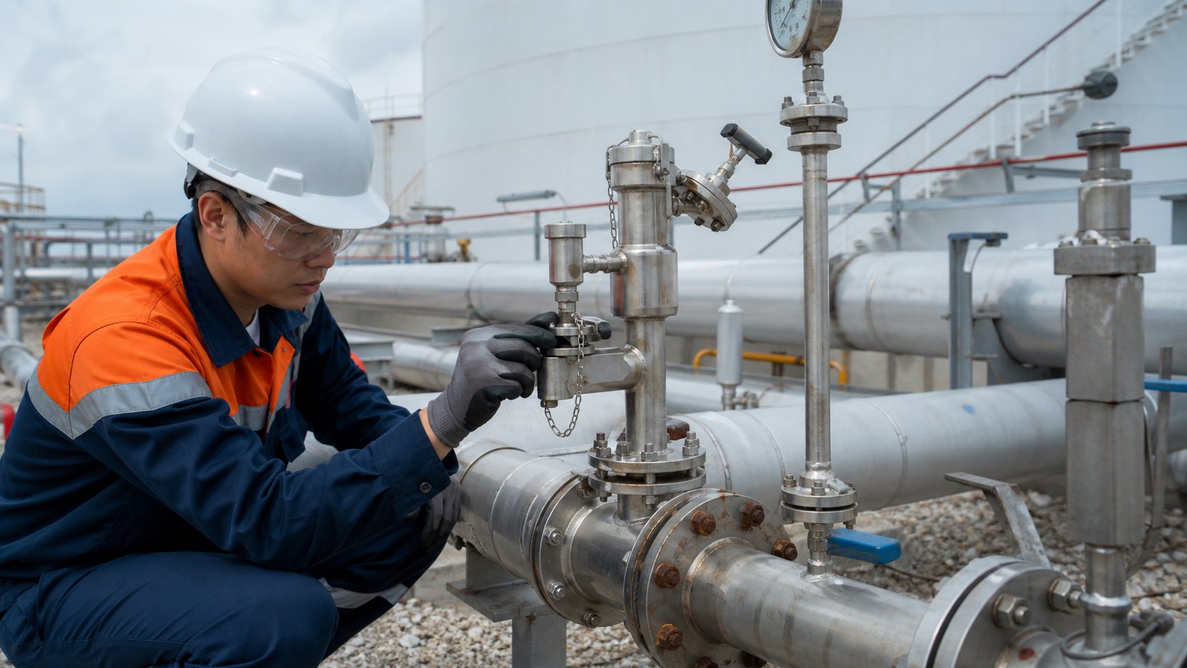 Terminal operator inspecting petroleum sampling equipment and pipeline valves