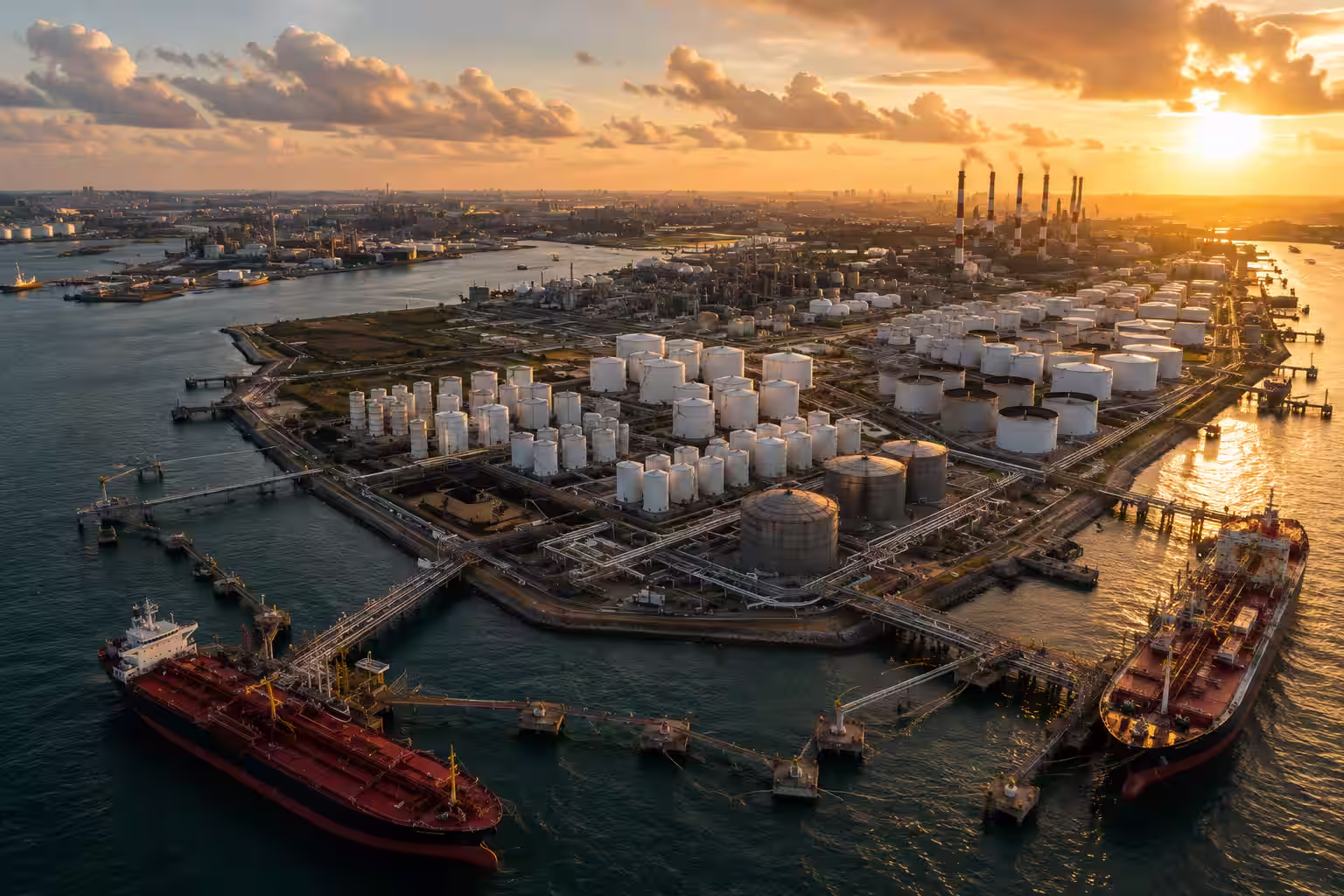 Aerial view of the Singapore terminal on Jurong Island at sunset