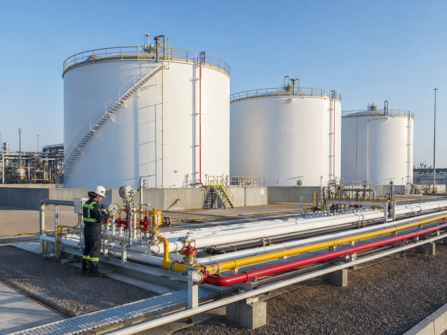 Terminal operator monitoring segregated storage tanks and color-coded transfer pipelines