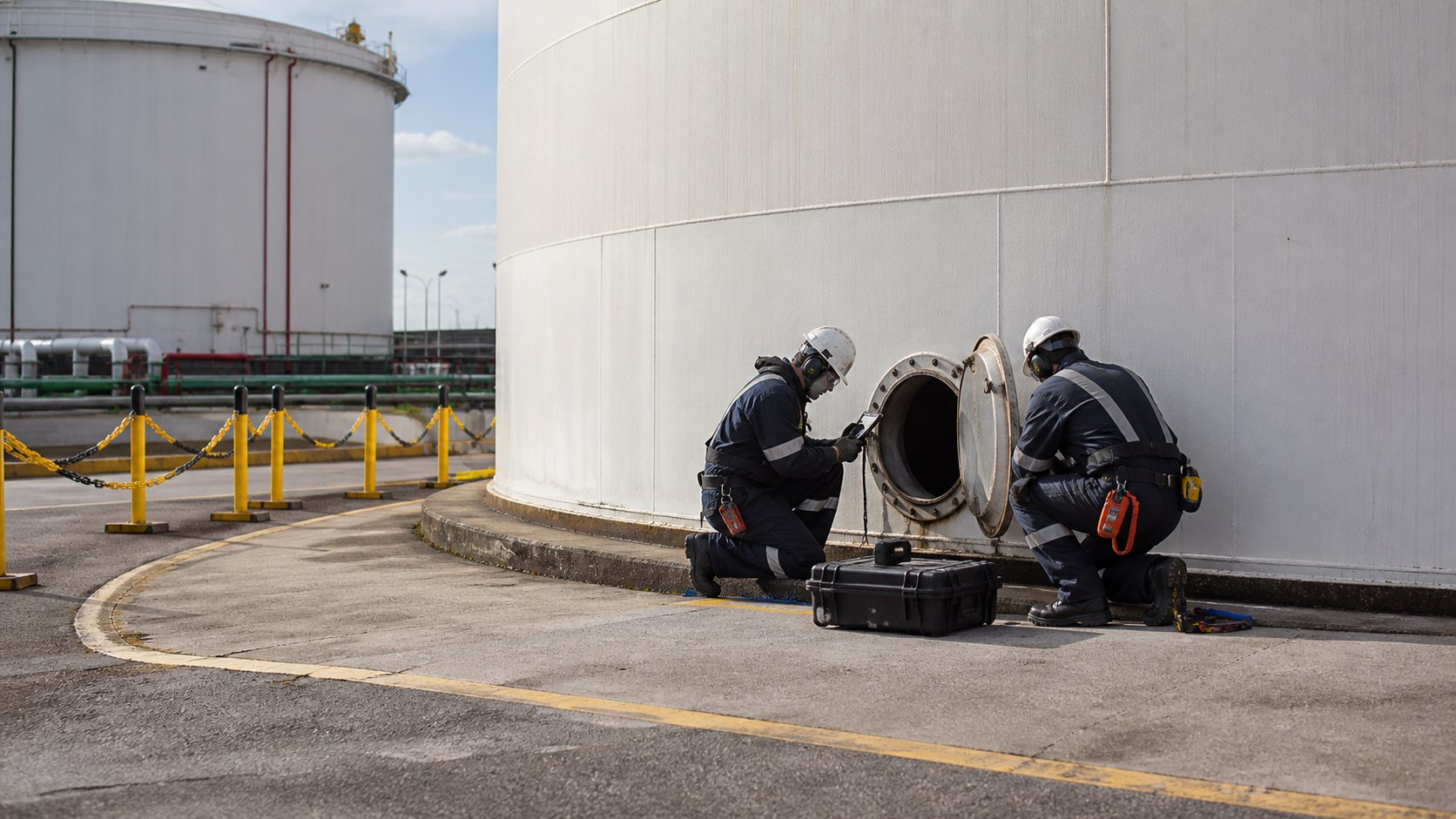 Maintenance technicians inspecting the access point of a petroleum storage tank