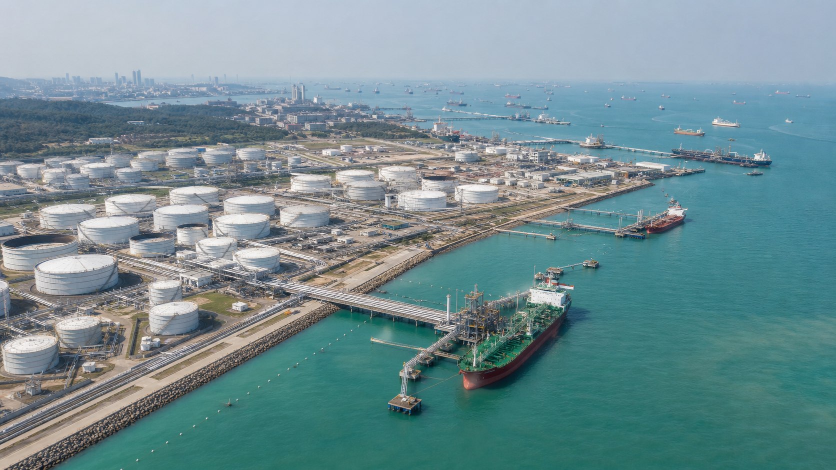 Aerial view of a coastal petroleum terminal connected to port and shipping infrastructure