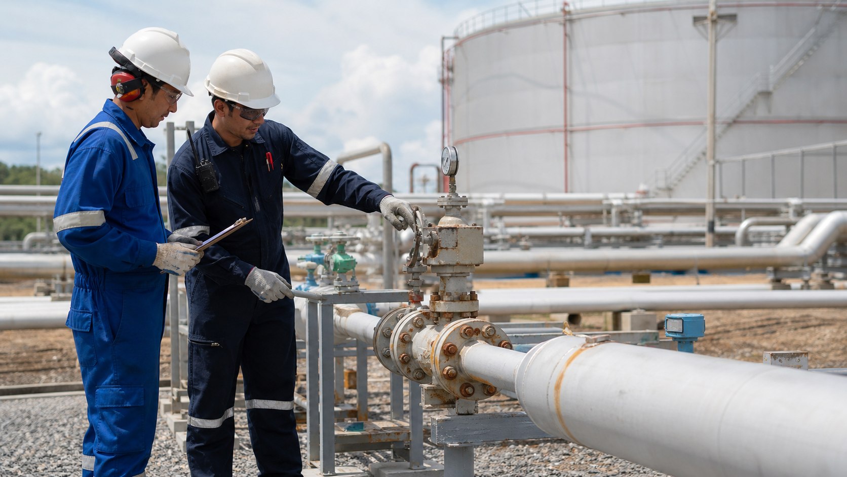Two terminal operators checking a pipeline valve and gauge during a safety inspection